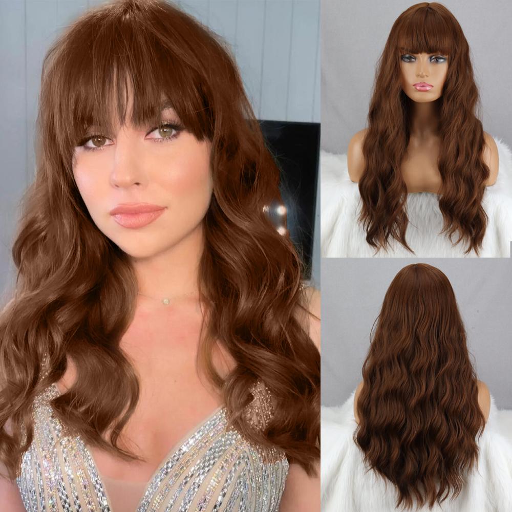 MISS WIG Grey Wig Long Wavy Wig with Bangs Synthetic Fiber Long Water Wave Wig for Women Daily Wear