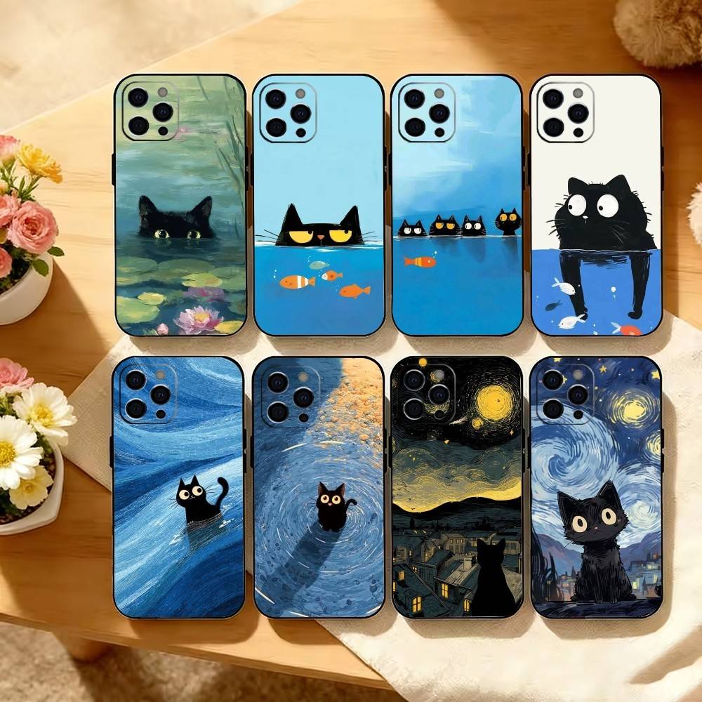 Милая Иллюстрация Черного Кота Чехол Для Телефона Для iPhone 17, 16,15,14,13,12,11 Plus,Pro Max, Другие Мягкий Черный Чехол