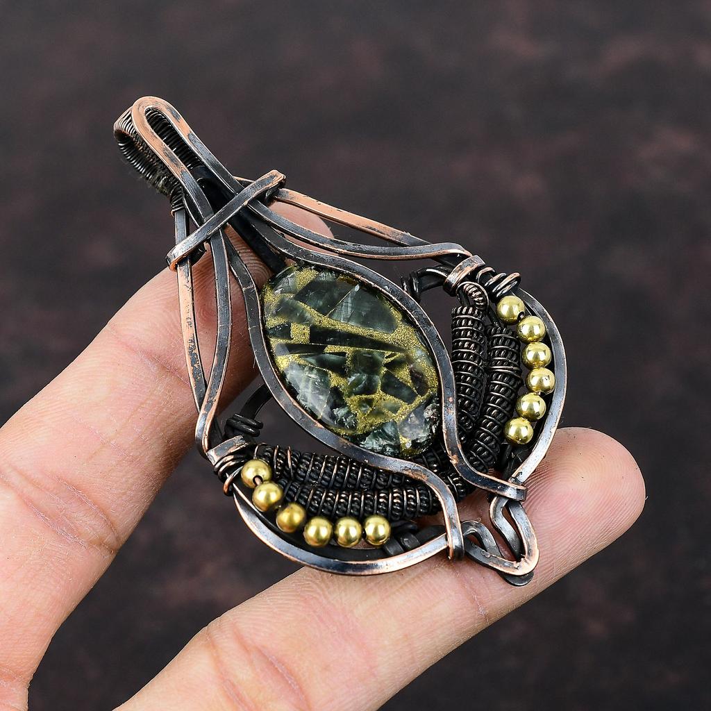 Copper Seraphinite Pendant Copper Wire Wrapped Jewelry Gemstone Pendant Copper Pendant Wire Wrapped Pendant Gift For Bridal Handmade Jewelry