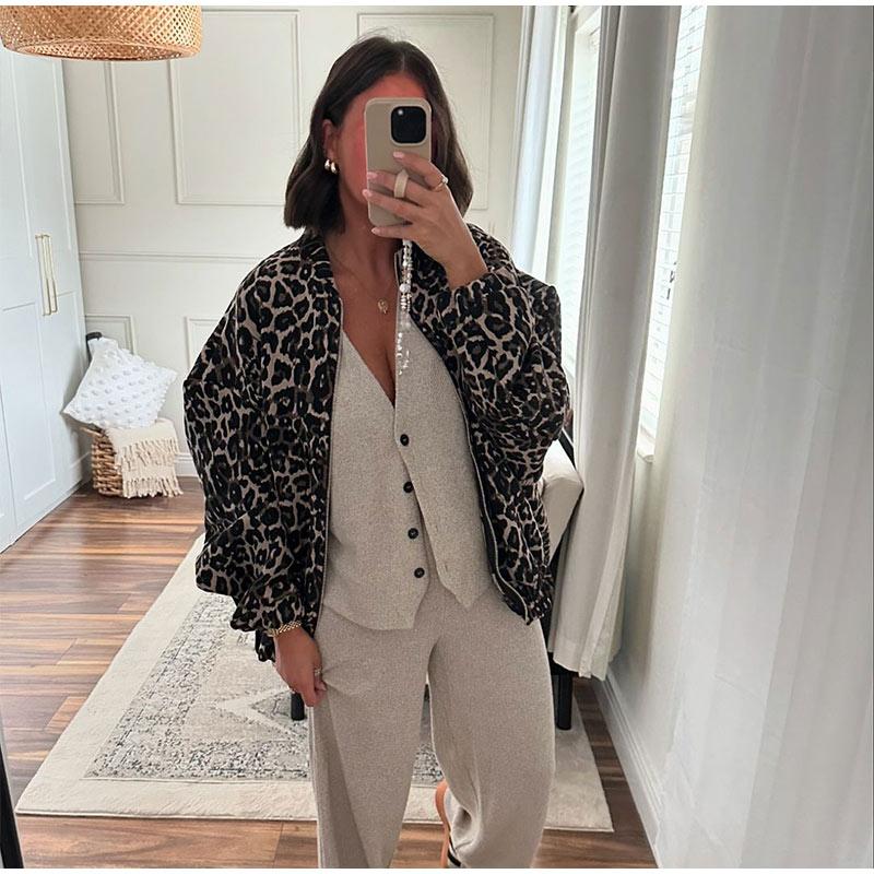 Fashion Leopard Zipper Long Sleeved Women's Jacket Retro Round Neck Street Casual Outwears Female Autumn Commute Coat