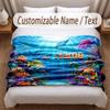 Fish Ocean Theme Soft Blanket Personalized Custom Name Text Print Warm Blanket Home Sofa Bedroom Decor