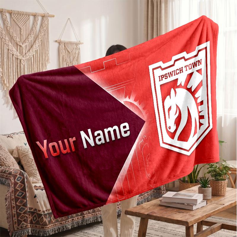 Ipswich Town Personalized Fleece Blanket With Football Logo, Custom Name Text Soft Warm Home Throw Blanket