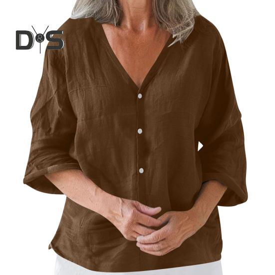 Женская рубашка свободного кроя с V-образным вырезом и рукавом 3/4, летняя застежка на пуговицы, однотонная повседневная футболка на каждый день