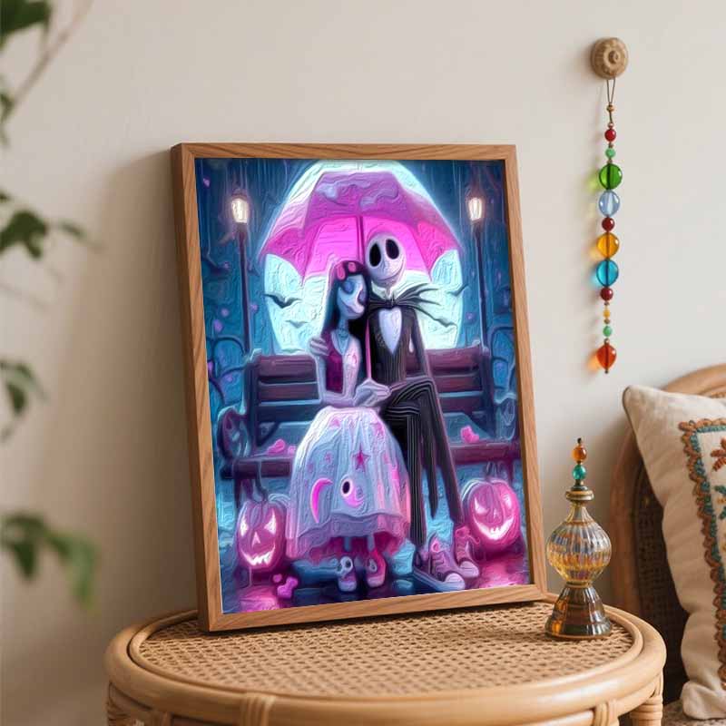 Disney Nightmare Before Christmas Painting Kit Home Bedroom Wall Decor Handmade Gift Romantic Jack and Sally Pink Moonlit Night Art