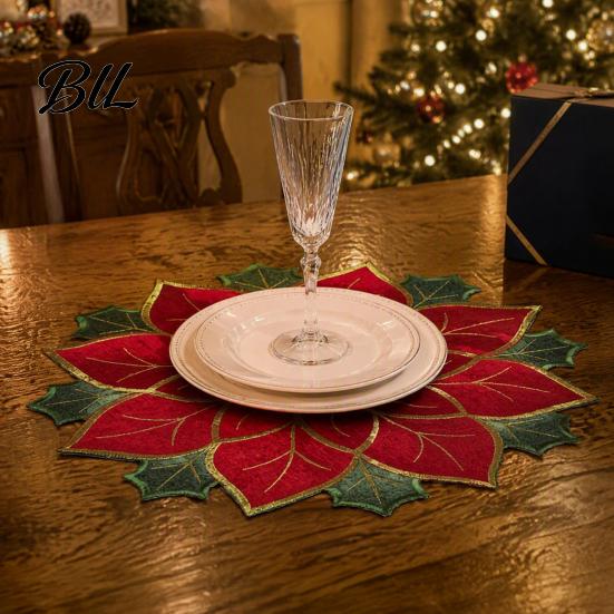 Christmas Table Placemats for Dining Floral Leaf Placemat Table, Decorative Polyester Fabric Holiday Decorations Mats with Festive Leaves Design Party