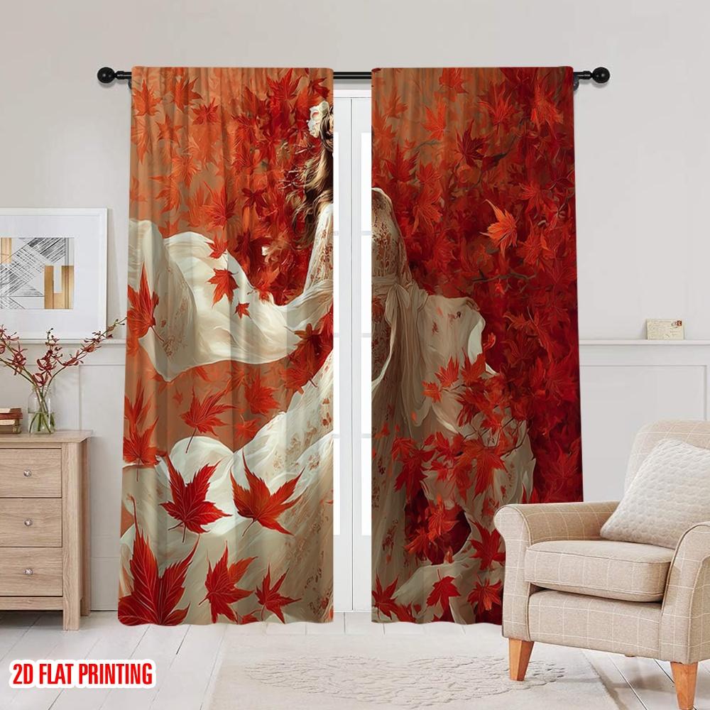 2pcs,2D Plane Printing Popular Curtains Autumn Leaf Polyester (without Rod) Decorations Outdoor for Living Room and Bedroom