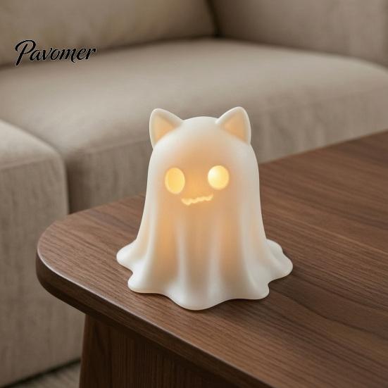 Gift for Cat Lovers 3D Printed Ghost Candle Holder, Spooky Figurine Small Halloween Party Prop with Warm Light Tabletop Home Decoration Miniature