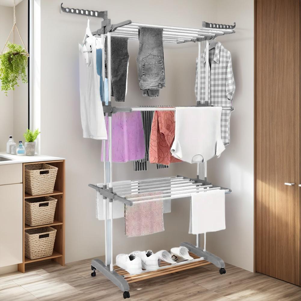 4-ярусная передвижная складная сушилка для белья, отдельно стоящая, с 4 колесиками, 2 боковыми крыльями, 24 перекладины, экономия места для полотенец Cl