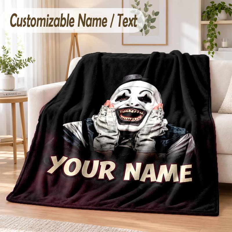 Terrifier Art the Clown Custom Name Flannel Throw Blanket Soft Warm for Sofa Bed Indoor Home Use
