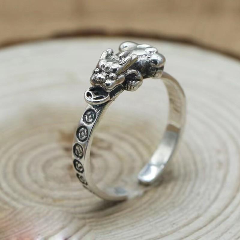 Регулируемое Открытое Кольцо Мужчины Женщины Покрытая Медь Винтажный Пиксиу Талисман Удачи Ретро Геометрический Стиль