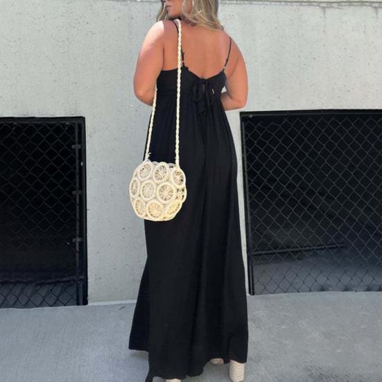 Women Jumpsuit Deep V Neck Backless Wide Pure Leg Loose Sleeveless Color Pleated Spaghetti Strap Casual Vacation Beach