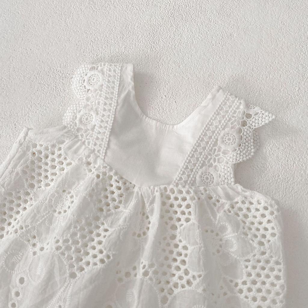 Summer New Fashionable Versatile Set Clothing for Infants and Girls, Round Neck Sleeveless Lace Spliced Sleeveless Top+Clear Col