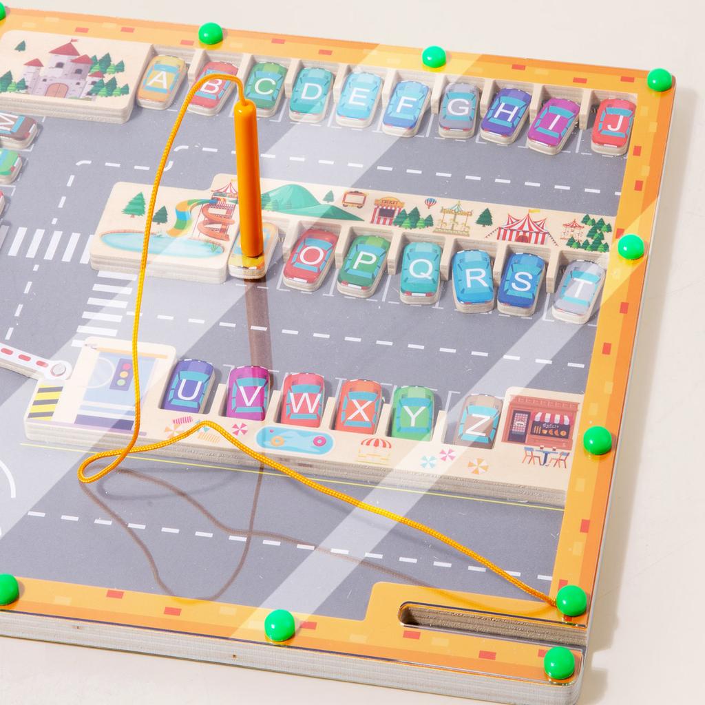 Wooden Letter Maze Puzzle - Parking Lot Design Uppercase Lowercase English Letters Children Learning Letter Matching Game