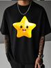 Unisex White Short Sleeve Summer Fashion Tee Shiny Smiling Yellow Cartoon Star Graphic Crew Neck Loose Casual Male Daily Tops
