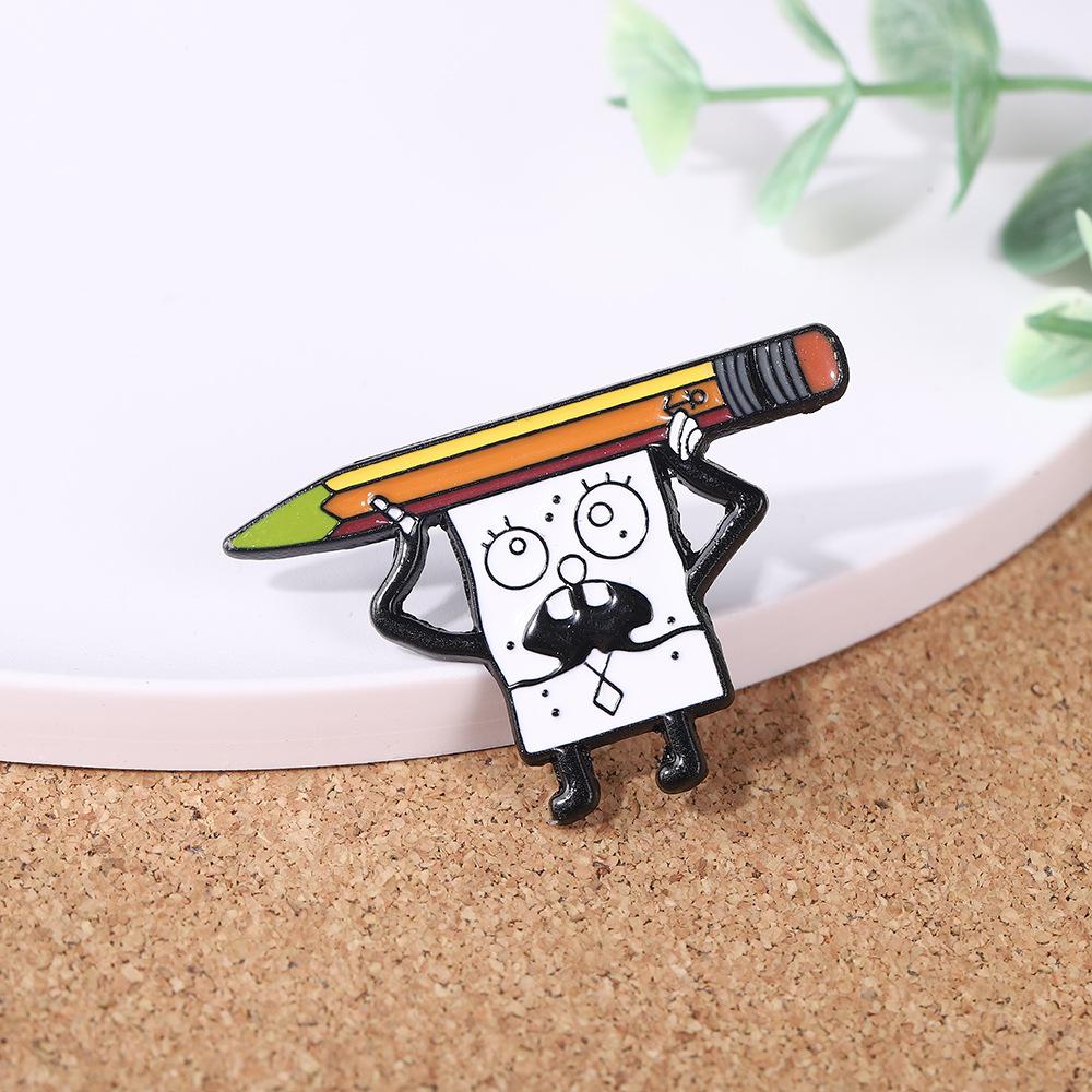 Alloy SpongeBob SquarePants Holding a Pencil Cartoon Brooch Fashion Fun Oil Drip Badge Oil Drip Craft