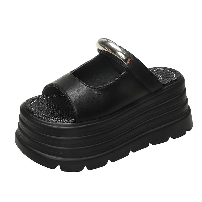 Модные 8 см Новые Летние Женские Шлепанцы Вьетнамки Женские Пляжные Блестящие Сандалии На Танкетке Обувь Черные Женские Уличные Шлепанцы на Высокой Платформе