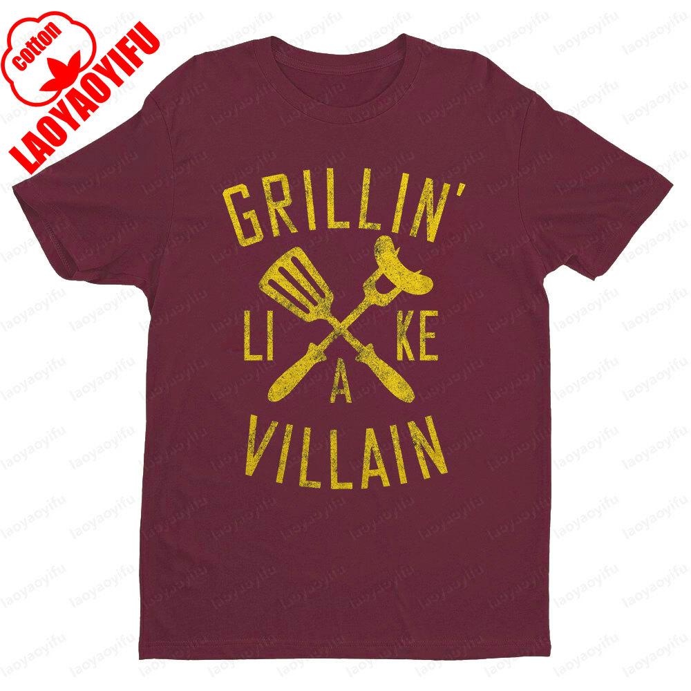 Grillin Like A Villain Mens T Shirt Funny Cookout Enthusiast Tee Tops Creative Pattern Tshirt BBQ Lover Gift Short Sleeve