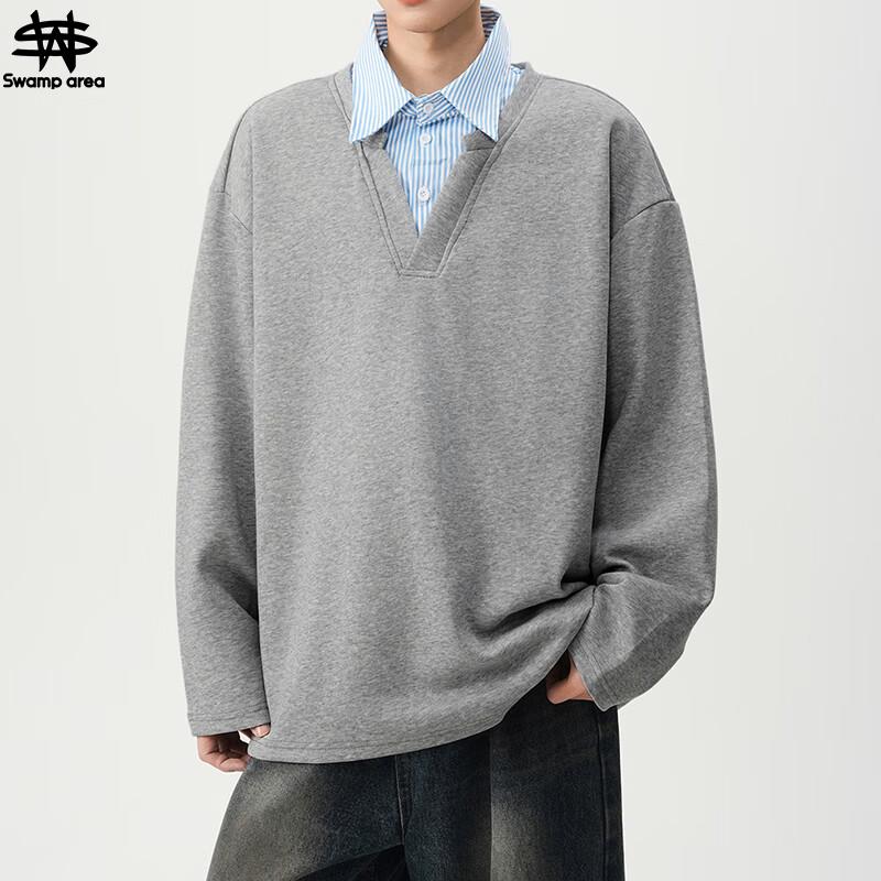 SWAMP AREA Men's Spring Autumn Loose Fit Couple Casual Pullover Hoodie with Fake Two-Piece Spliced Lapel SWT329 Gray XL