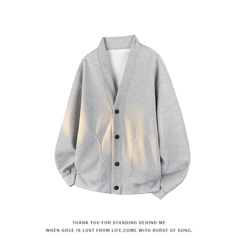 Мужские свитшоты однотонные, весна-осень 2026, мужской вязаный кардиган, мужские повседневные толстовки свободного кроя, мужские куртки с V-образным вырезом, верхняя одежда