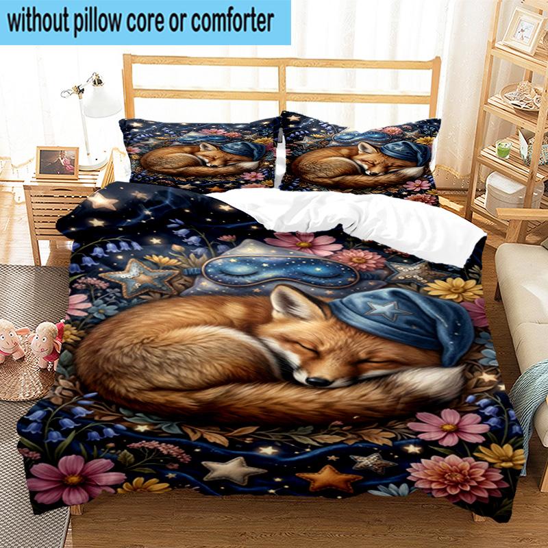 Fox Dreams In Space 3pcs Bedding,Including 1pc Duvet Cover And 2pcs Pillowcases Perfect for Christmas,Ideal for Bedroom, Dormitory