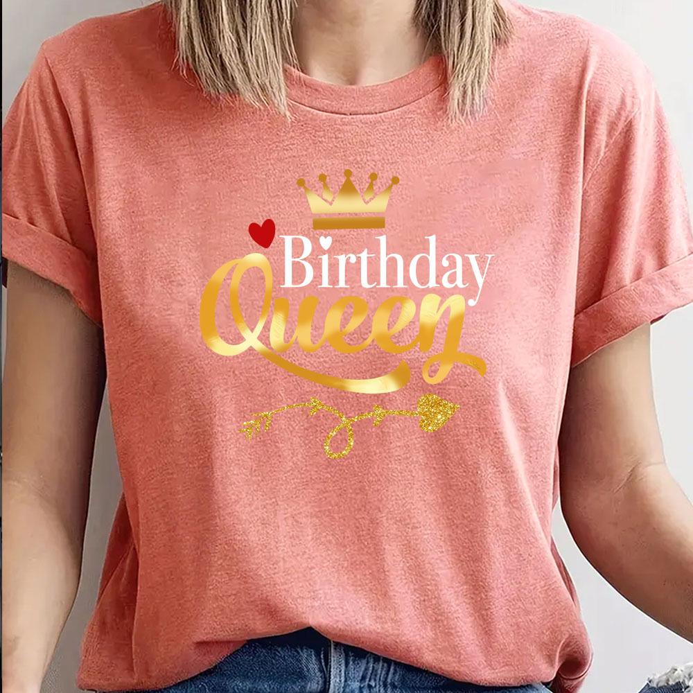 Queen Birthday Pattern Cotton T-Shirt Short Sleeve Round Neck Women 2d Print Tops