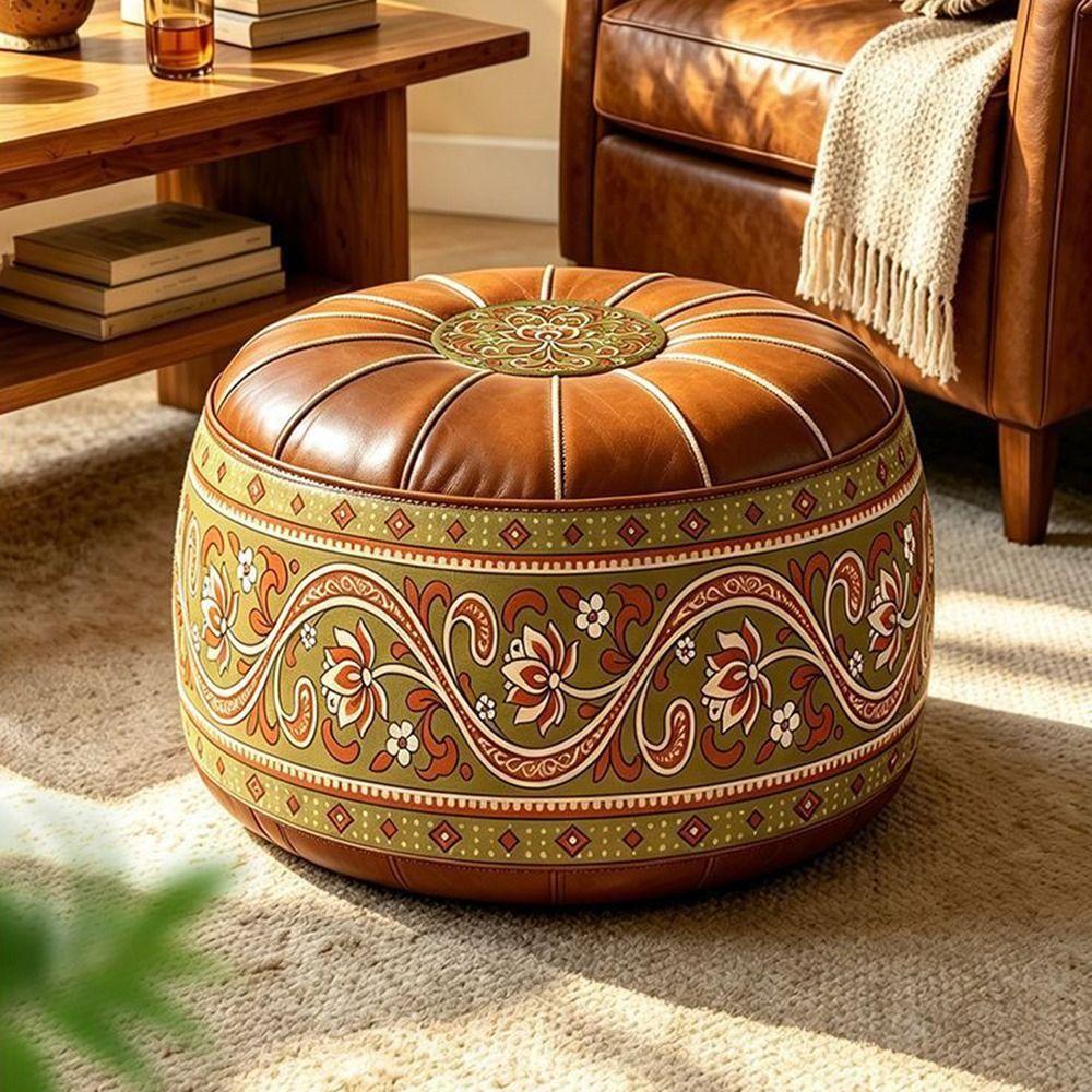 Round Shape Fillable Ottoman Pouf PU Leather Floor Seat Cushion New Storage Ottoman Living Room