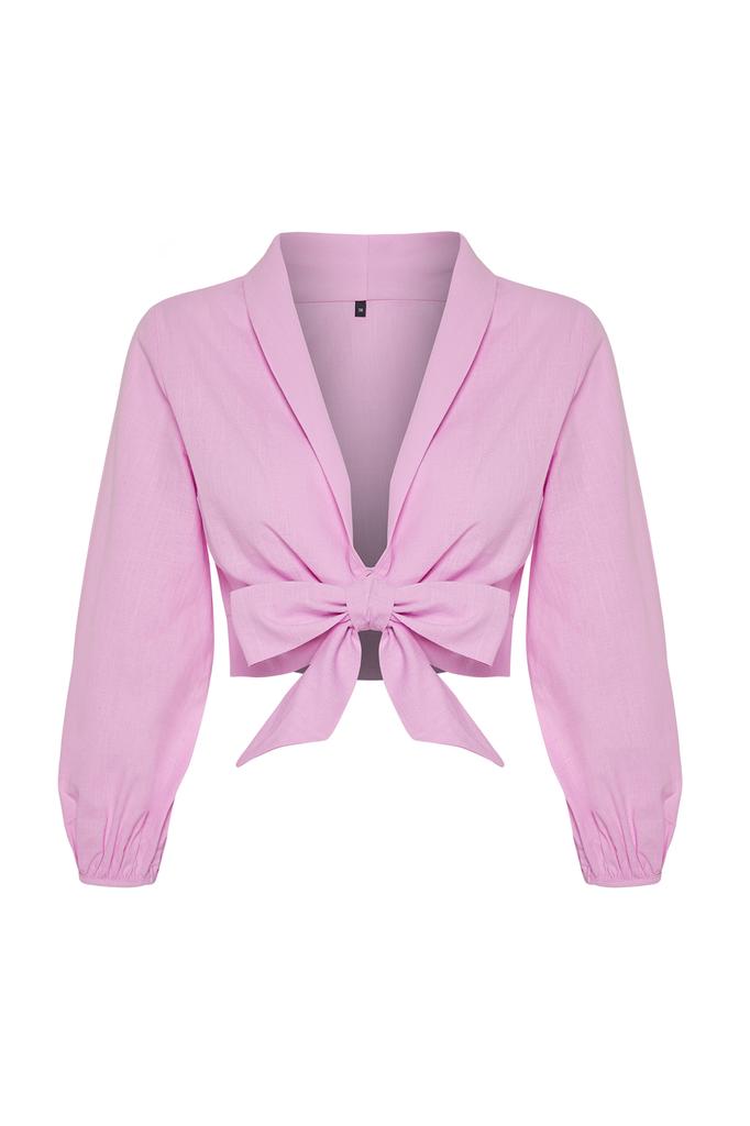 Women's Fashion New Blouse Pink Crop Woven Tie Up Blouse