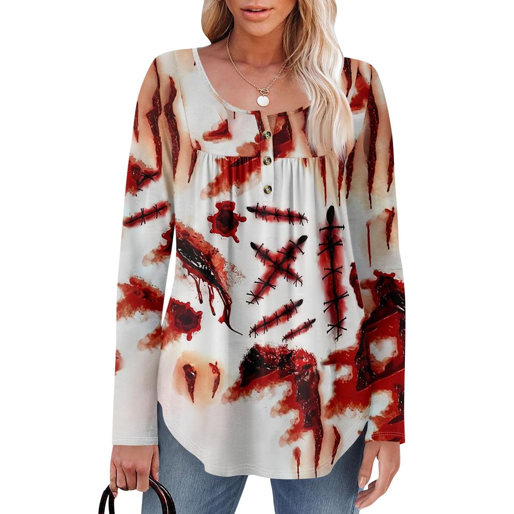 Женская туника с длинным рукавом, свободные топы, повседневные топы оверсайз, плиссированная туника, застегивающаяся на пуговицы, повседневные женские топы с принтом