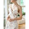 Oulain French-Style Floral Chiffon Spaghetti Strap Dress with Ruffle Trim, Waist-Cinching Long Dress