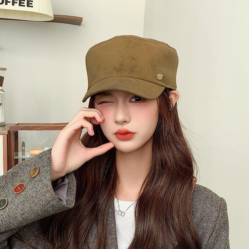 Women's flat-top hat for autumn and winter, trendy versatile suede beret, street style, face-slimming duckbill octagonal hat