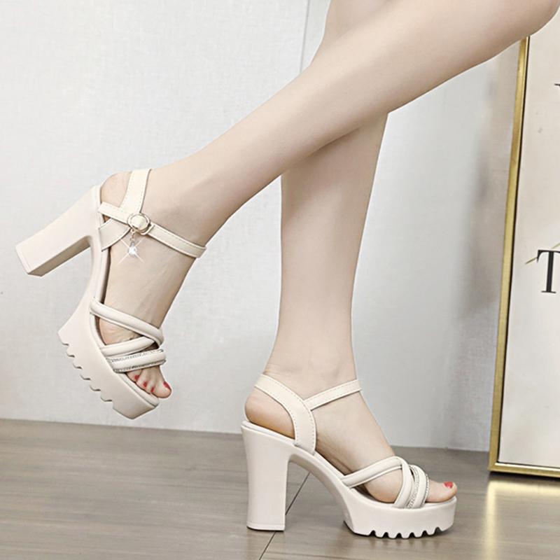 Сандалии на высоком каблуке, толстый каблук, водонепроницаемая платформа, универсальная, тонкий ремешок, летняя мягкая кожа, удобная и увеличивающая рост обувь