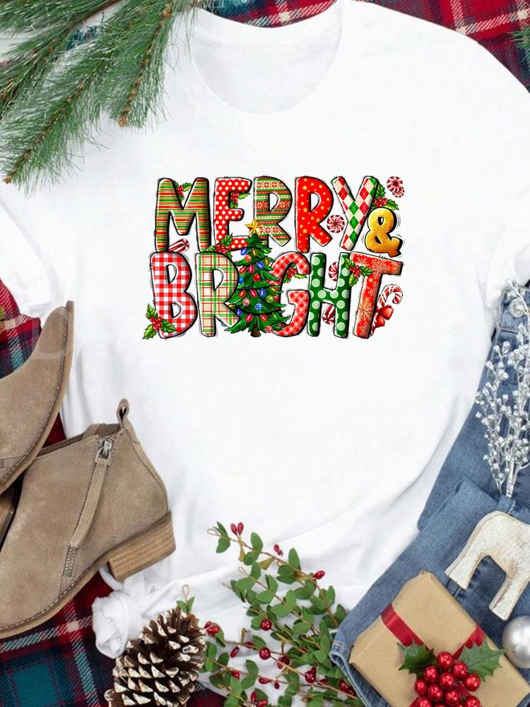 (Asian Size) Star Trend Cute New Year Festival Women Print Holiday Tee Top Merry Christmas Casual Lady Short Sleeve Fashion Graphic T-shirts