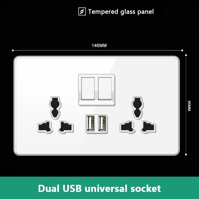 UK 13A Wall Socket with Type-C 18W Fast Charging Plug Socket,Glass Panel Power Double Universal Outlet with Quick USB C Charge