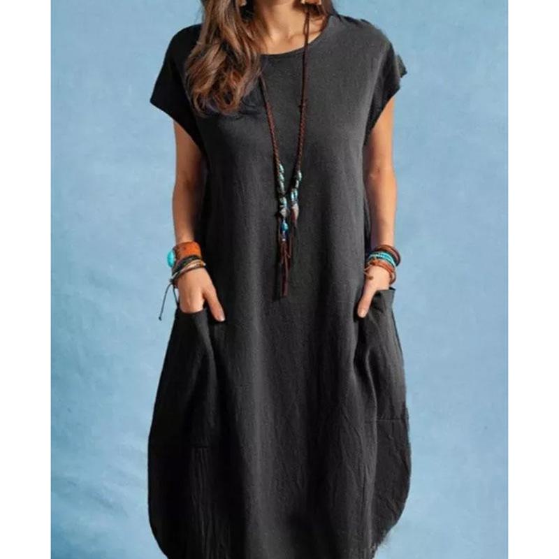 Spring/Summer 2022 European/American Loose Casual Solid Color Pocket Dress for Women In Cotton/Linen Fabric