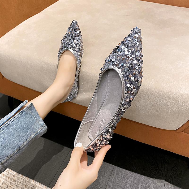 2024 женская модная обувь с острым носком, кавайная однотонная универсальная женская обувь на плоской подошве с блестками и мягкой подошвой, туфли Мэри Джейн на мелкой подошве