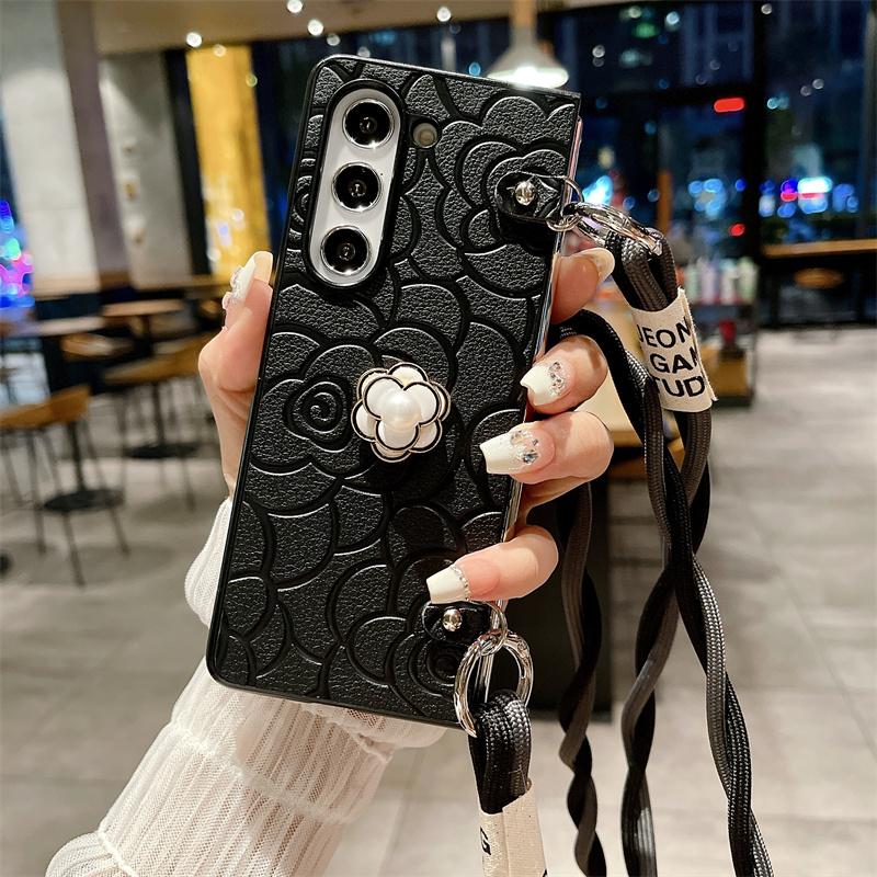 Чехол для телефона с цветком из кожи через плечо для Samsung Galaxy Z Fold 6 5 4 3 Fold6 Fold5 Fold4 Fold3 5G Hard Shell Противоударный чехол