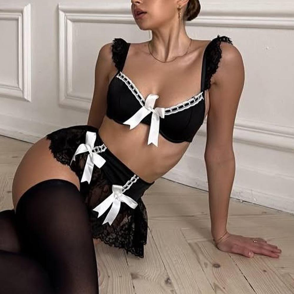 Романтичный женский бюстгальтер с бантом, прозрачная кружевная мини-юбка, подростковый сисси-комплект, черное изысканное нижнее белье, очень короткие комплекты, сексуальный взрослый
