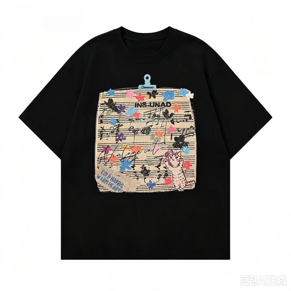 Music Note Print Short Sleeve Tshirt Unisexs Summer Retro Casual Loose HalfSleeve Cotton Crew Neck Tee Unisex Tshirt