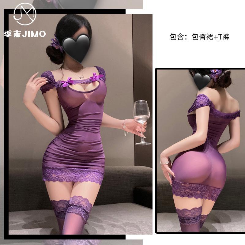 Sexy underwear Sexy splicing lace bow perspective slim fit hip skirt pure temptation