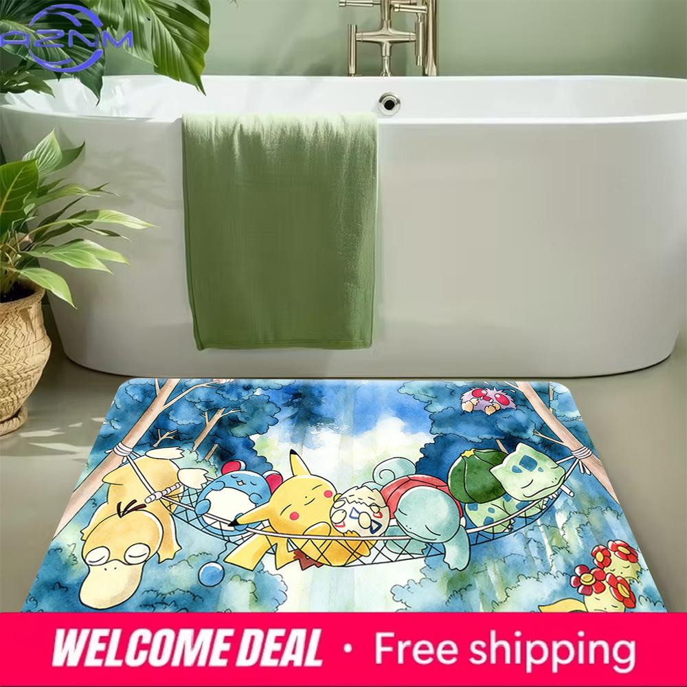 Pokemon Characters Hammock Watercolor Print Non-slip Doormat, Soft Absorbent Floor Rug for Home Decor