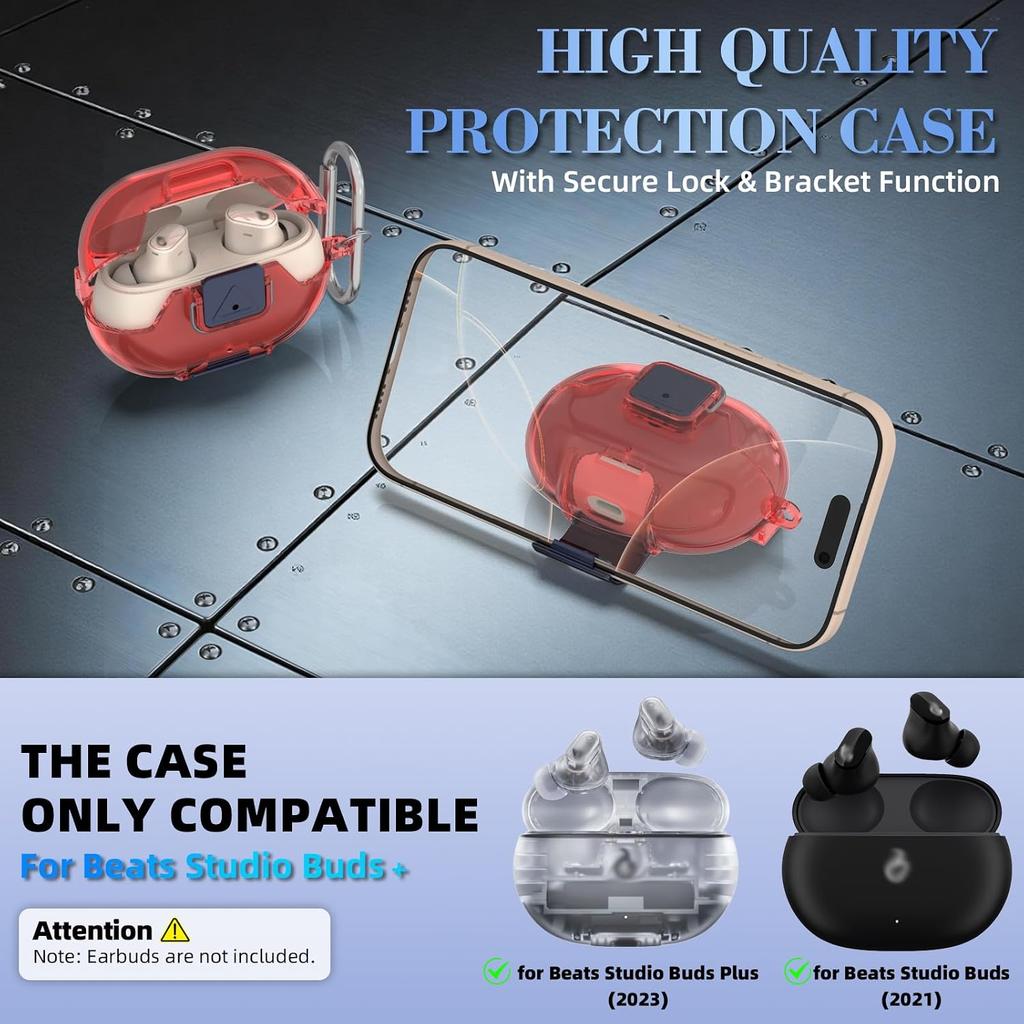 Compatible for Beats Studio Buds Plus Case Cover with Secure Lock & Phone Stand, Shockpoof Protection Clear Case for Beats Studio Buds Buds + Earbuds