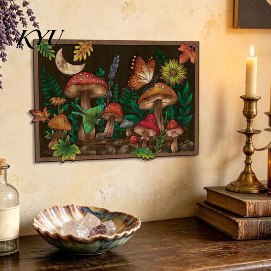 Unique Housewarming Gift Boho Moon Mushroom Wall Hanging Decor, Vintage Forest Multi-Layer Wooden Plaque, Floral Wood Cutout Decoration Butterfly
