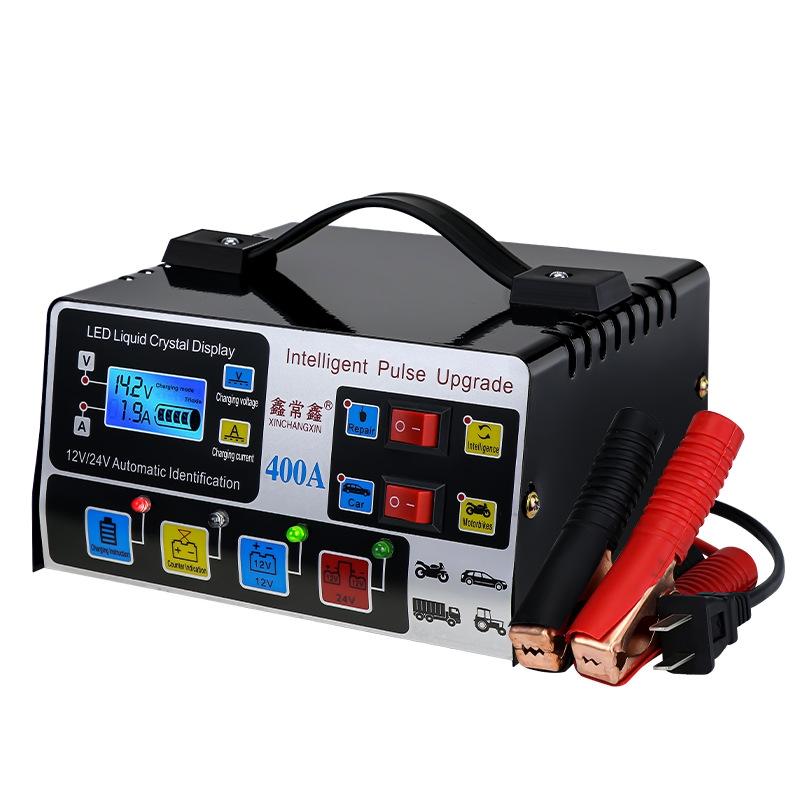 12V/24V 400A Car Battery Charger 220W High Power Fully Automatic Pulse Repair Smart LCD Display Self-stop Battery Fast Charger