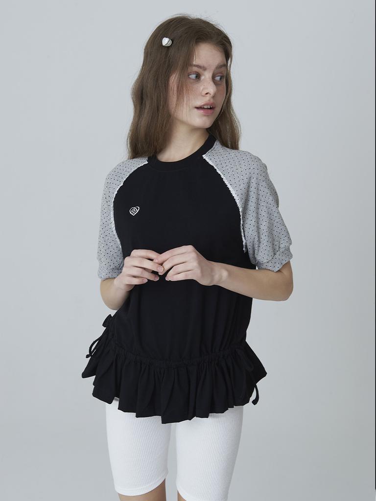ADOREBELLE Футболка с рукавом реглан, воротником-стойкой и рюшами, в горошек - Черная