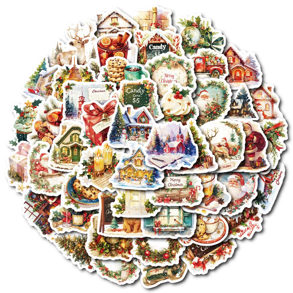 50 шт. Винтажные рождественские наклейки - Уютные праздничные наклейки для журналов, багажа, подарков