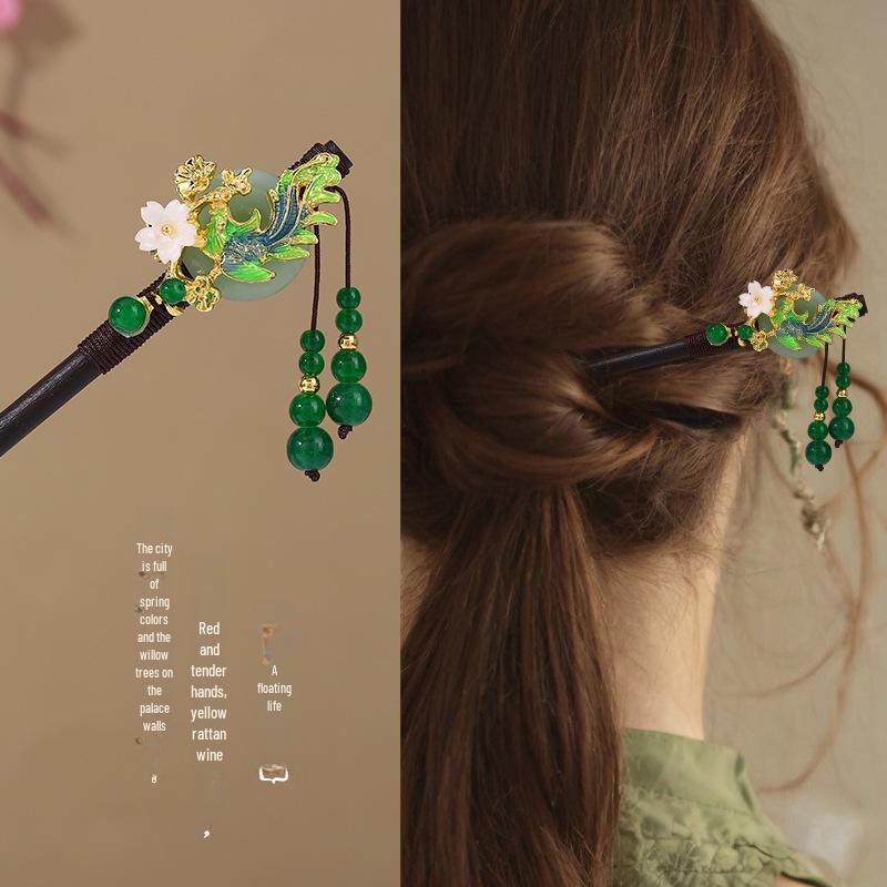 Деревянная шпилька для волос в старинном стиле с зеленой и золотой кисточкой, цветочными и бисерными акцентами для костюма ханьфу