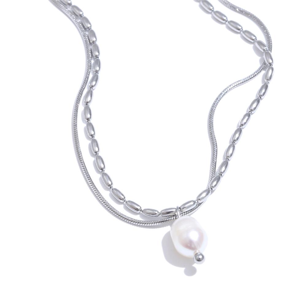 Yhpup High Quality Stainless Steel Double-layered Chain Natural Pearl Necklace Pendant Tarnish Resistant Daily Exquisite Jewelry
