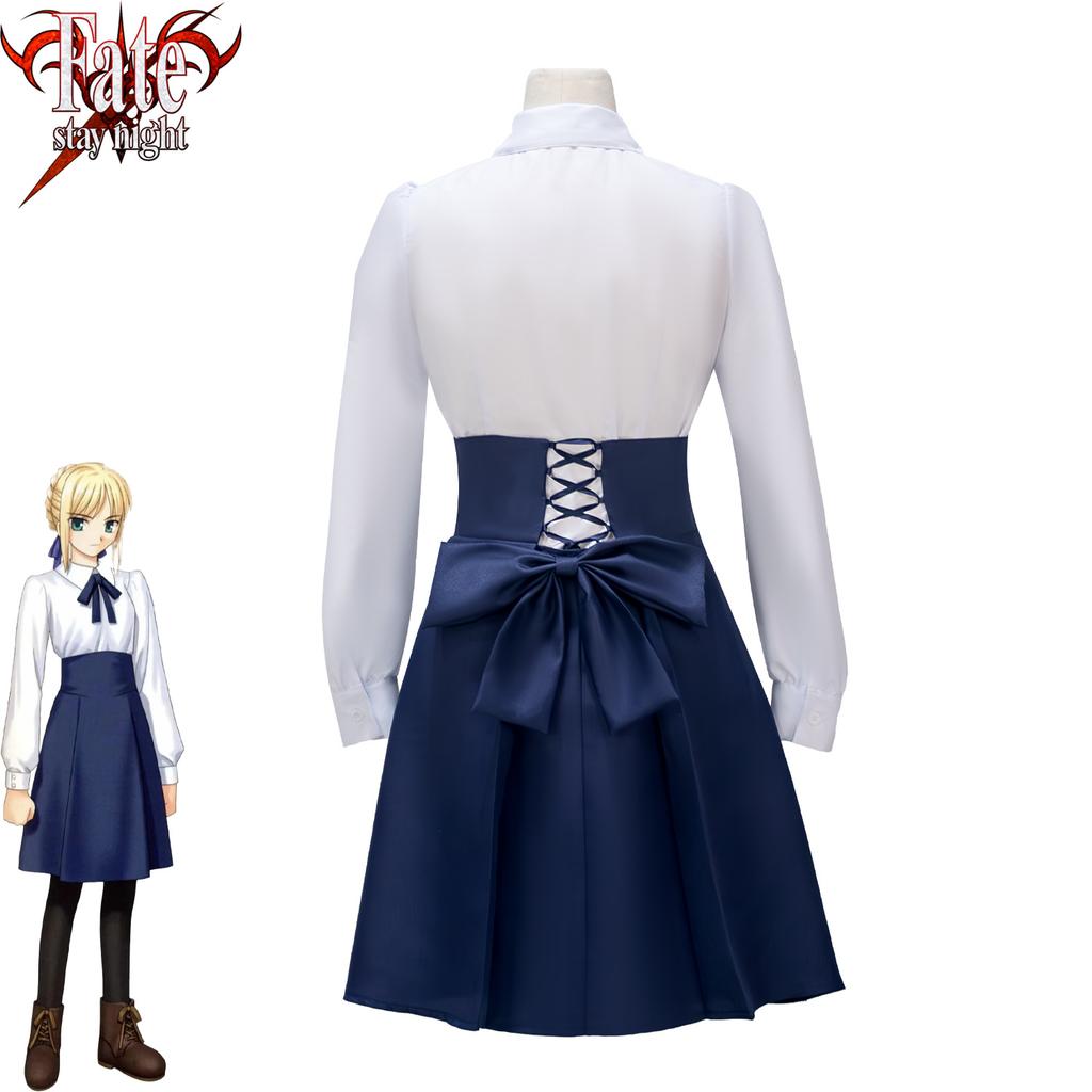 Аниме Fate Stay Night Сэйбер Алтрия Повседневное Сине-Белое Платье Парик Косплей Костюм Аниме Ролевая Игра Хэллоуин Костюм для Выступления