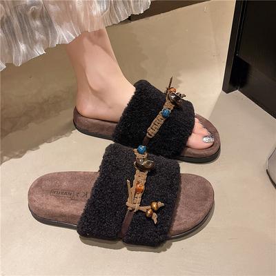 Нишевый дизайн хлопковые тапочки на толстой подошве женская уличная обувь 2025 осень-зима новые ретро французские плетеные плюшевые швабры