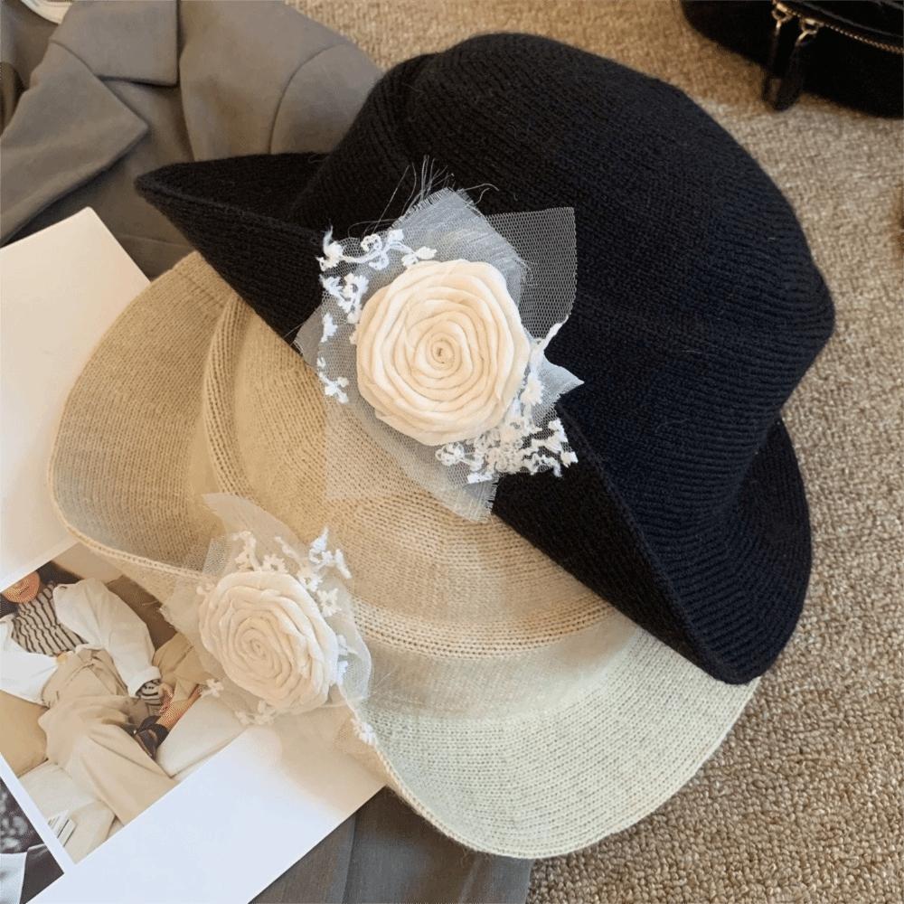 Floral Hepburn Style Topper Hat Lace Women Fisherman Hat Black Knitted Hat Photography Decoration